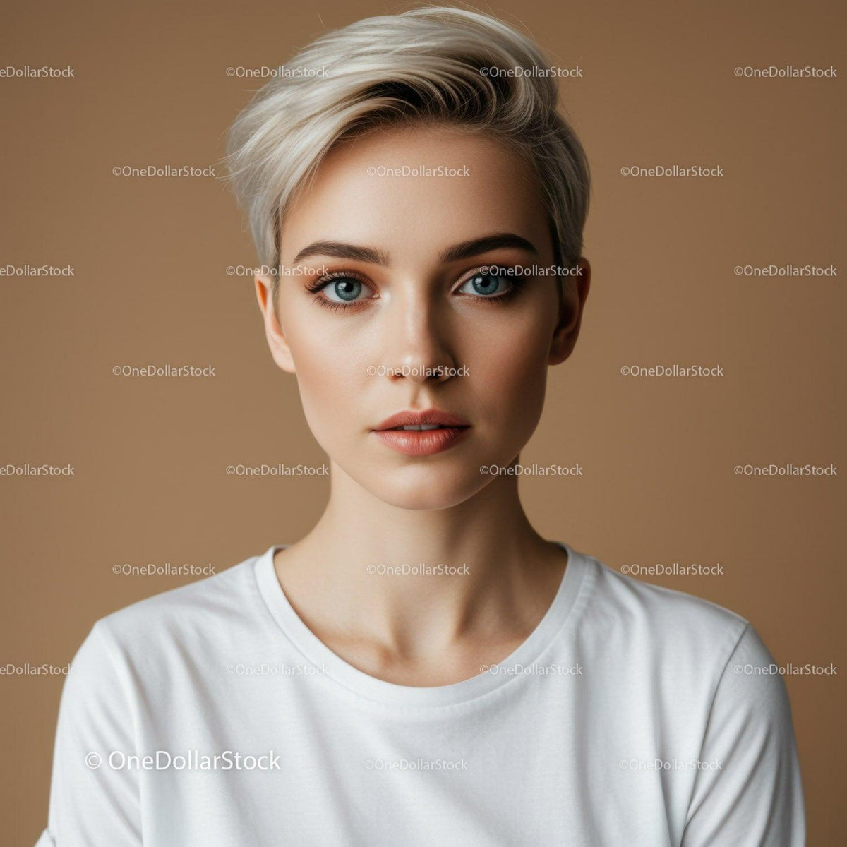 Close-up Portrait of a Young Woman with Short Platinum Blonde Hair and Blue Eyes