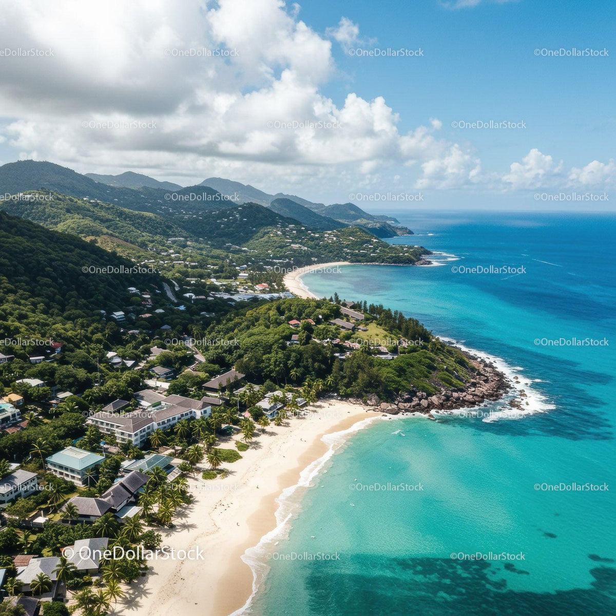 Scenic Tropical Beach with Mountain Backdrop and Crystal Clear Water