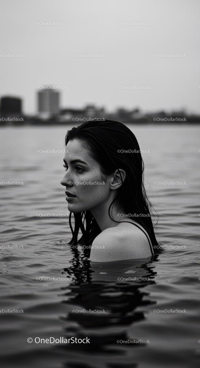 Elegant Woman in Water with City Skyline in Monochrome