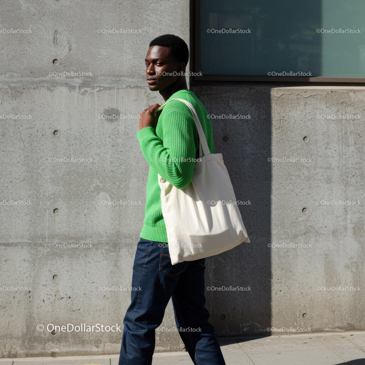 Young Man in Green Sweater with Tote Bag Standing Near Concrete Wall JPG Mockup Image preview