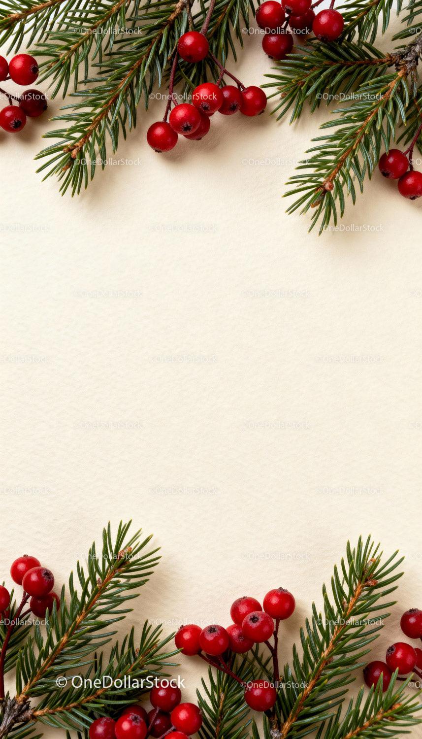 Festive Red Berries and Green Pine Branches on Beige