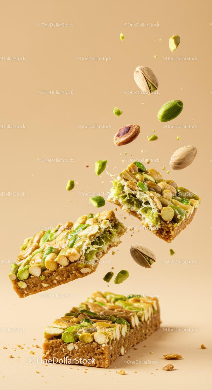 Nut and Seed Energy Bar with Pistachios Breaking Apart