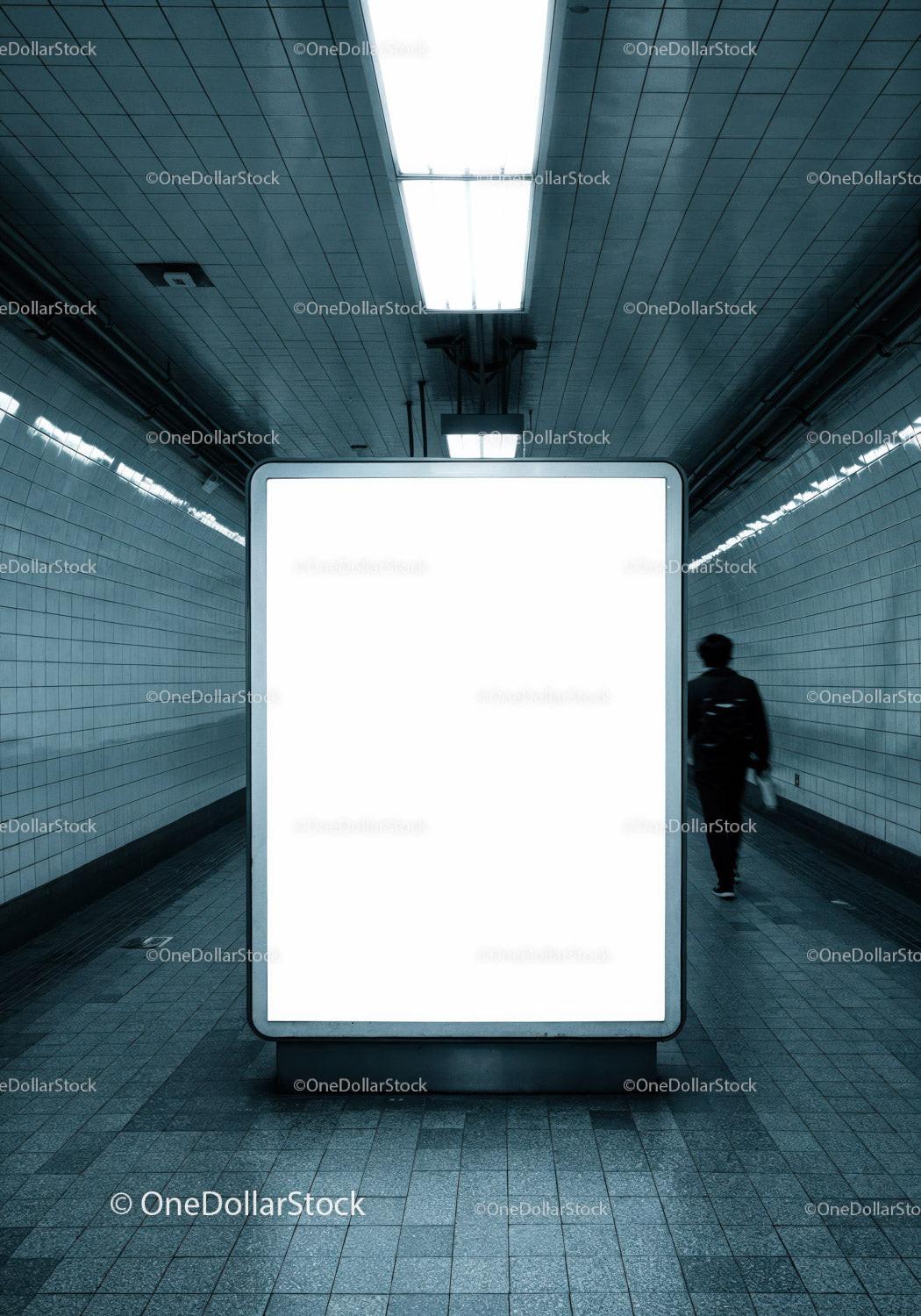 Underground Subway Station with Empty Advertising Billboard and Pedestrian JPG Mockup Image preview