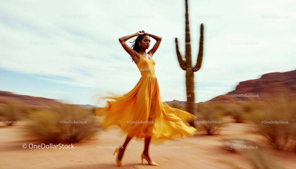 Dancing Woman in Yellow Dress Against a Desert Landscape Stock Photo Bundle preview