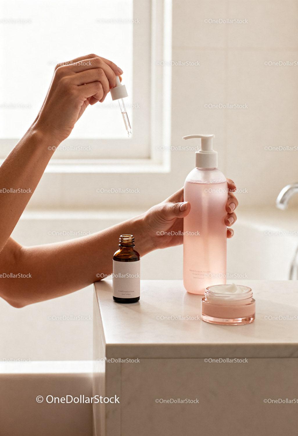 Hands applying serum with skincare bottles on marble