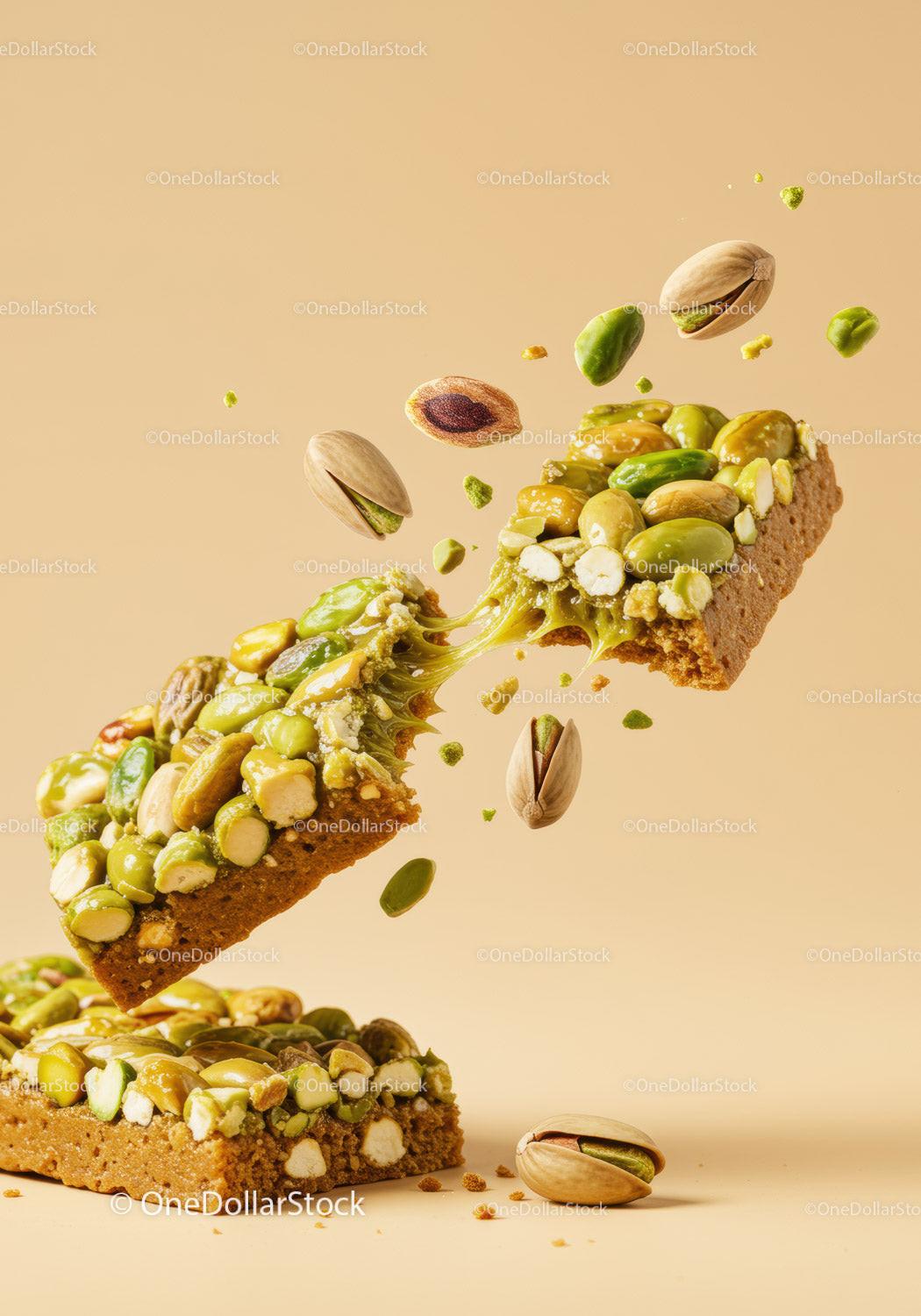 Crunchy pistachio nut bar breaking apart midair