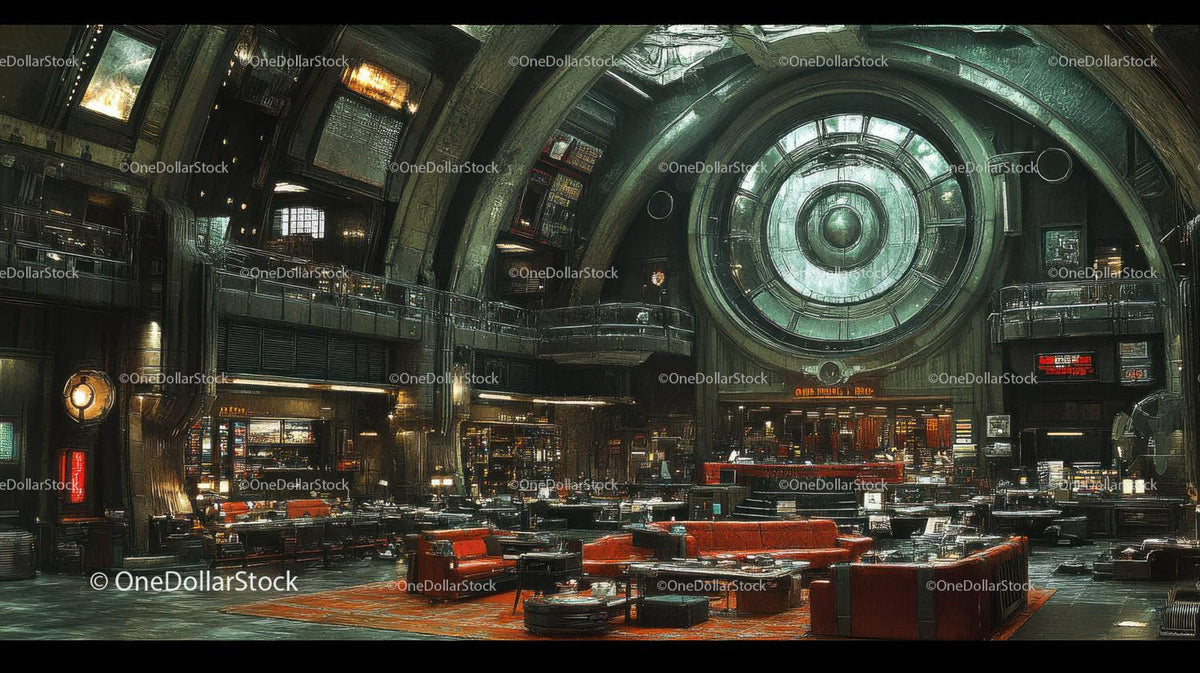 Industrial interior with large circular window and orange seating areas under high ceiling