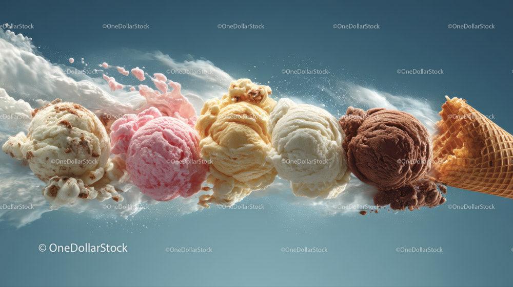 Colorful Ice Cream Scoops in Waffle Cones Splashing Water Stock Photo Bundle creative preview 4