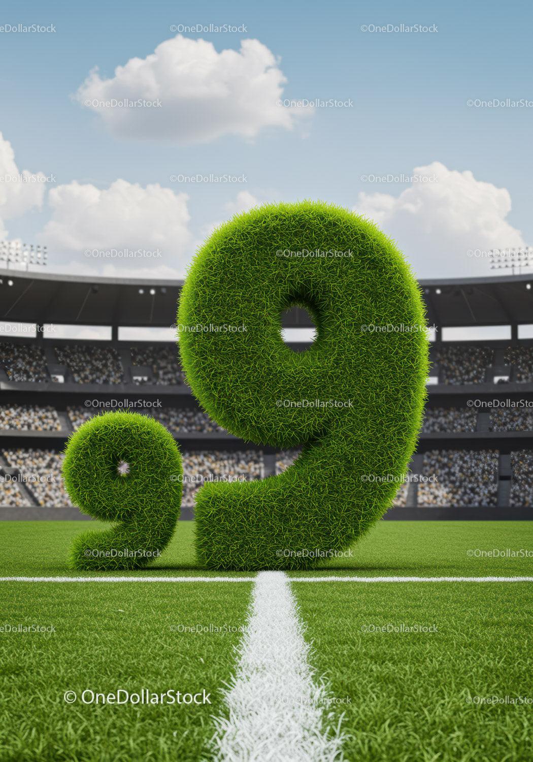 Green Grass Numbers Nine on Soccer Field Line