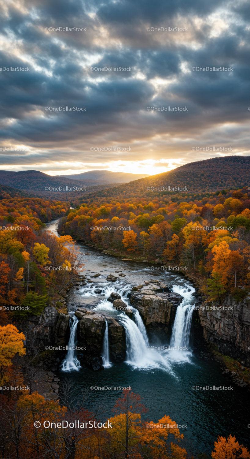 Autumn Waterfall Cascading Through Colorful Forest Valley
