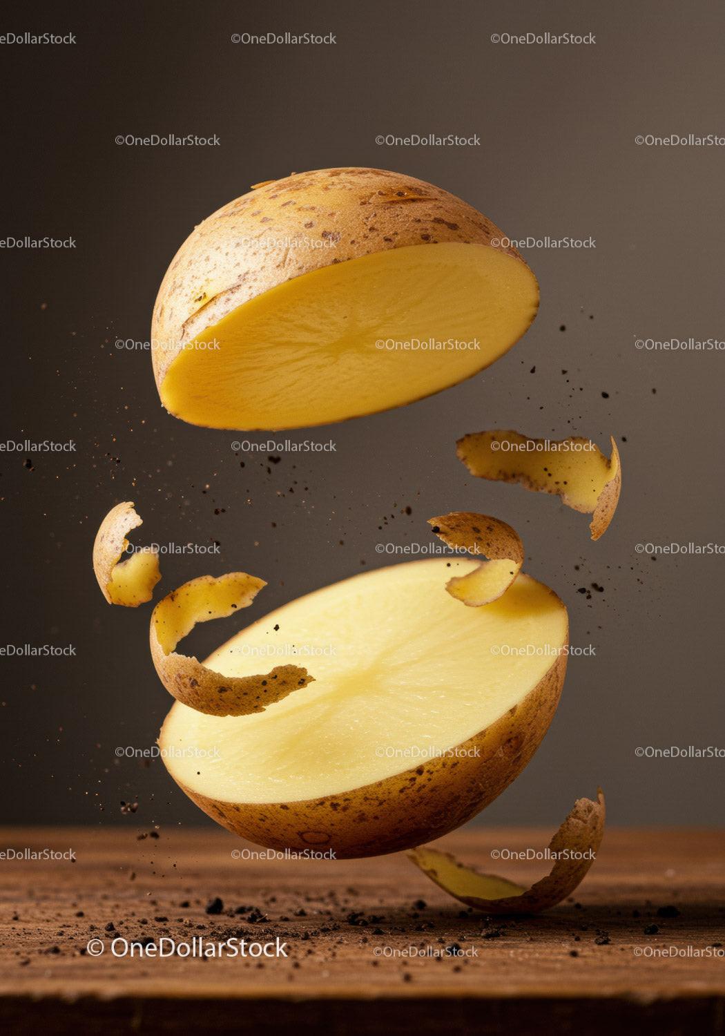 Fresh potato halves with peeling floating in air