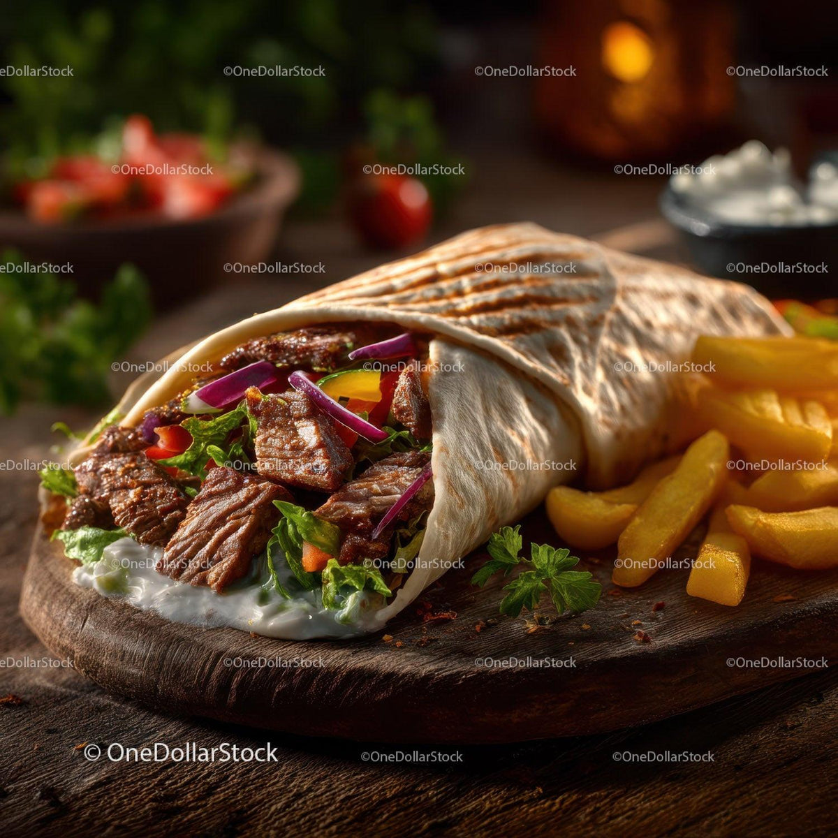 Beef Shawarma Wrap with Fries and Fresh Vegetables
