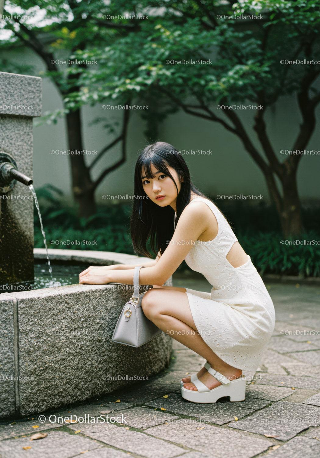 Fashionable Young Woman in White Dress Posing by Fountain in Park