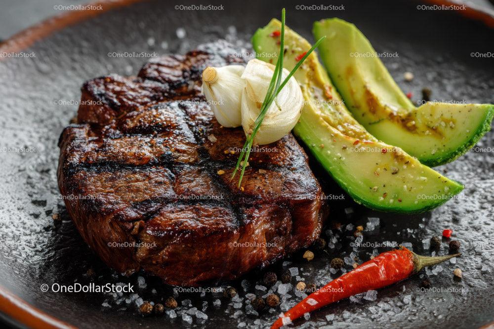 Juicy Grilled Steak with Fresh Avocado and Garlic on Rustic Board Stock Photo Bundle preview 13