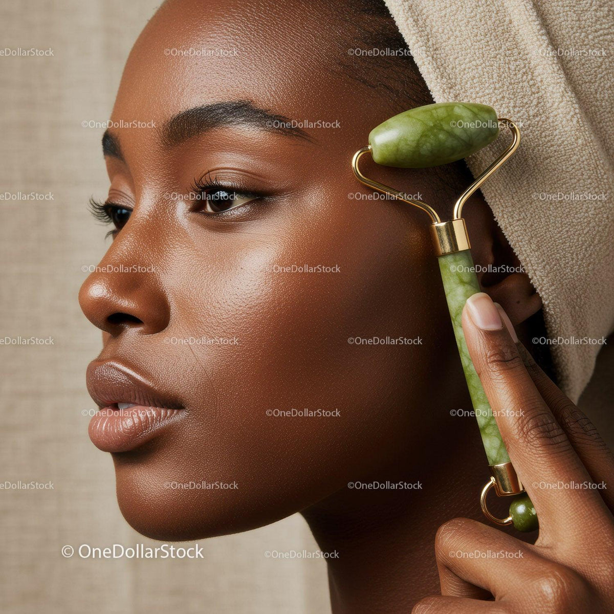 Close-Up of Black Woman Receiving Facial Massage with Jade Roller for Skincare