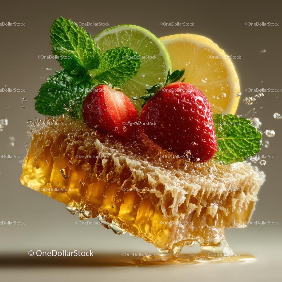 Fresh Honeycomb with Strawberries and Lime Garnish Stock Photo Bundle creative preview 4
