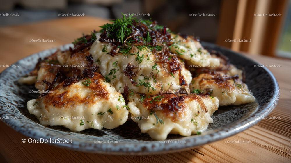 Pan-fried Dumplings with Herb Garnish on Rustic Plate