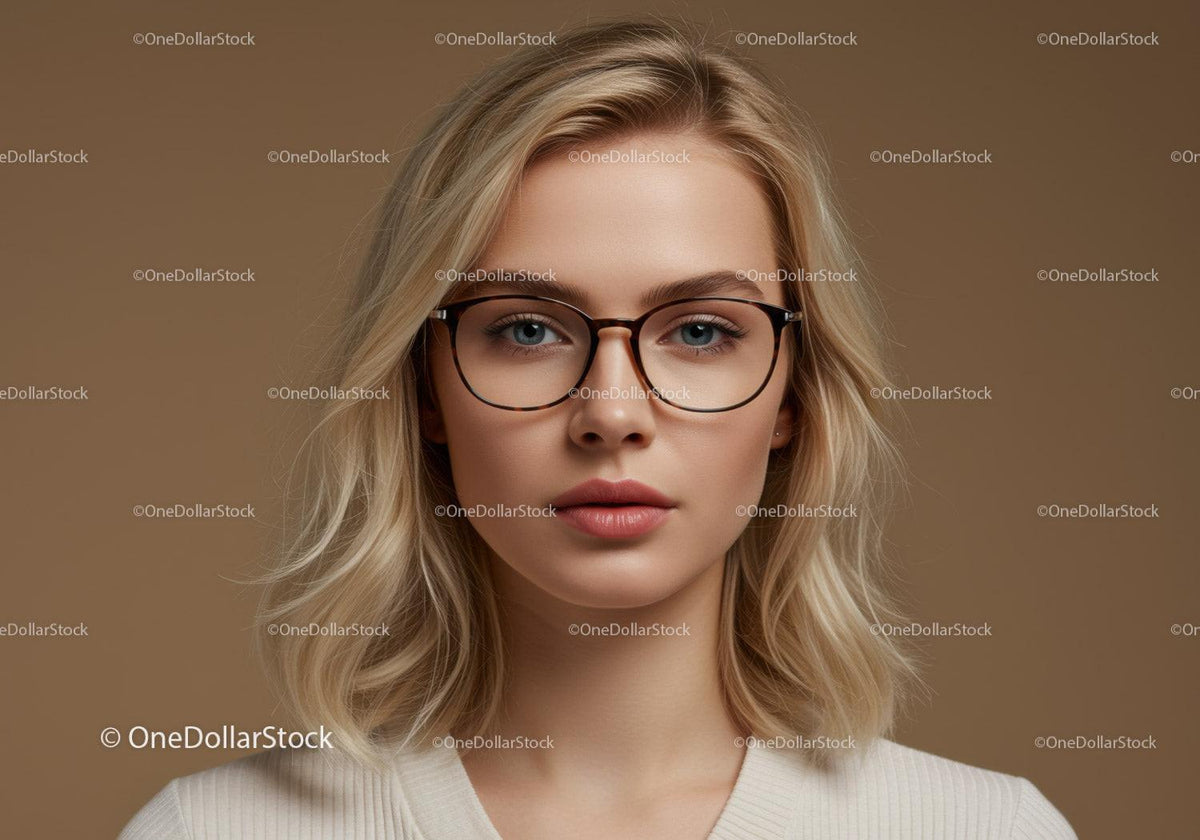 Elegant Blonde Woman Wearing Glasses in Neutral Indoor Setting