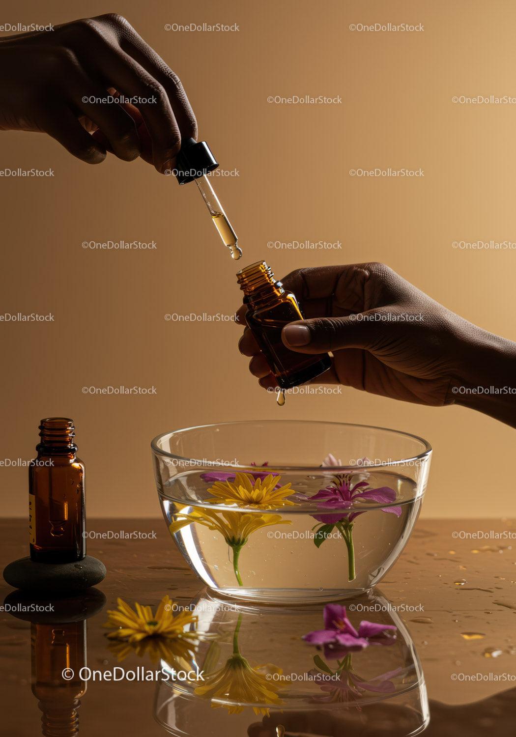 Herbal Essential Oils Dropper Therapy in Glass Bowl with Flowers JPG Mockup Image preview