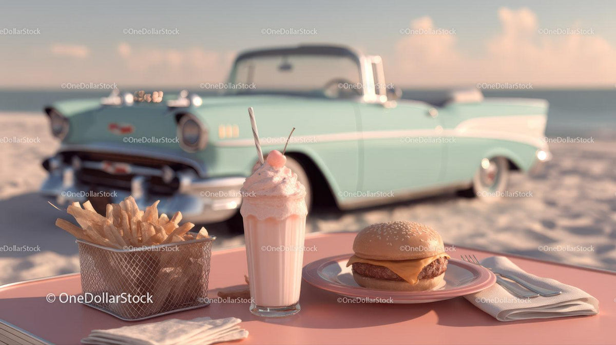 Beachside Cheeseburger French Fries and Milkshake with Classic Car Stock Photo Bundle preview 5