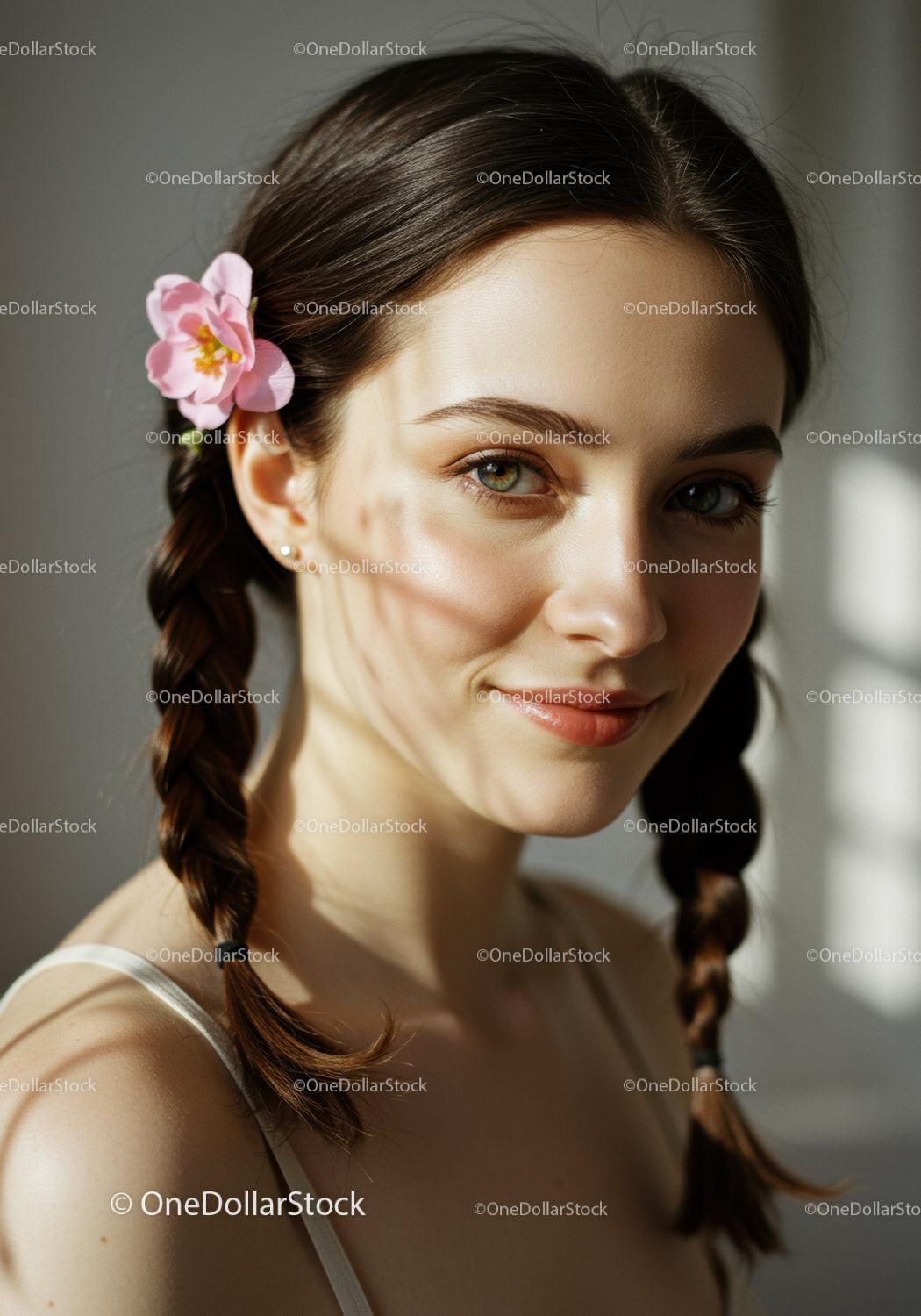 Young Woman with Braided Hair and Cherry Blossom Hair Accessory