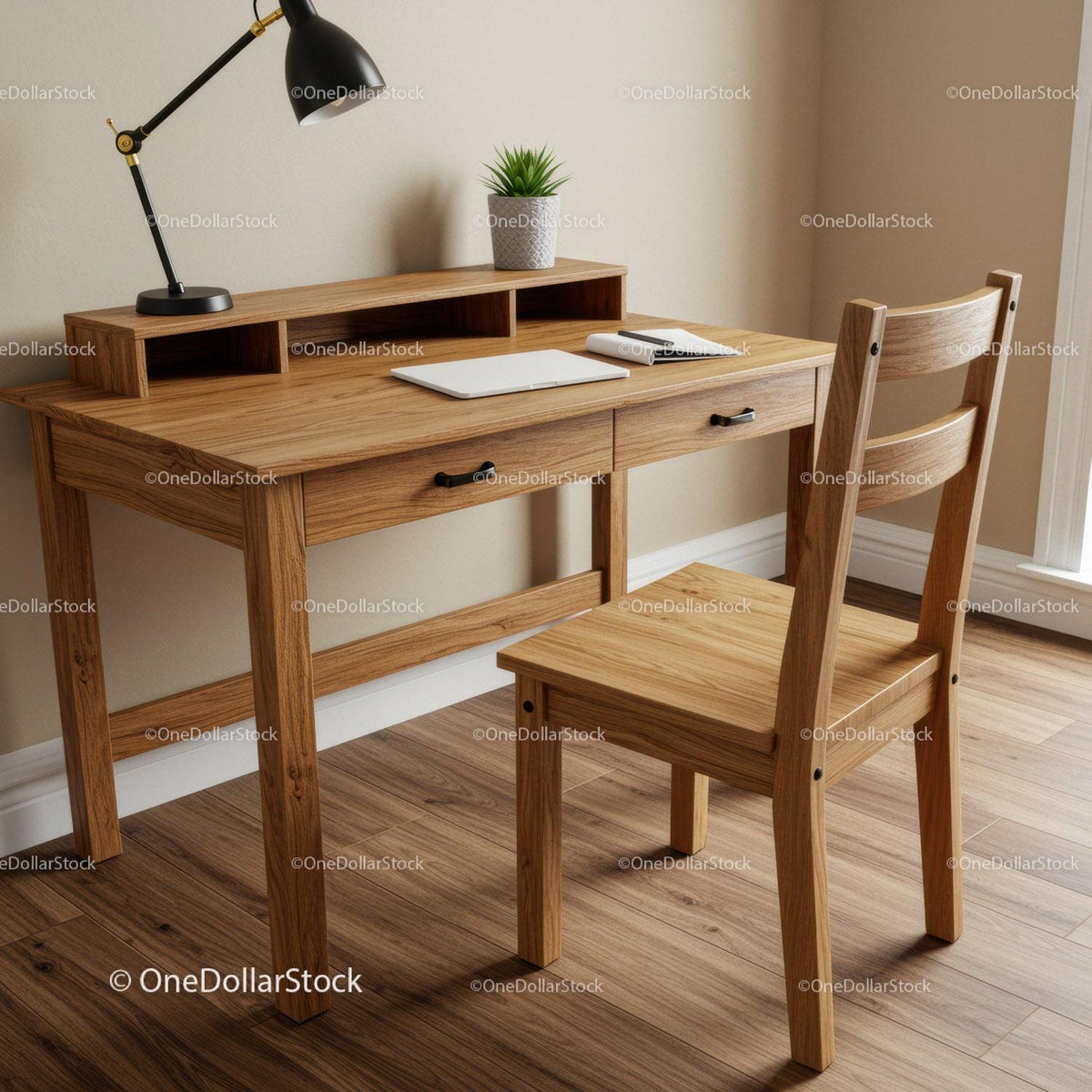 Wooden Office Desk and Chair in Cozy Home Workspace with Plant