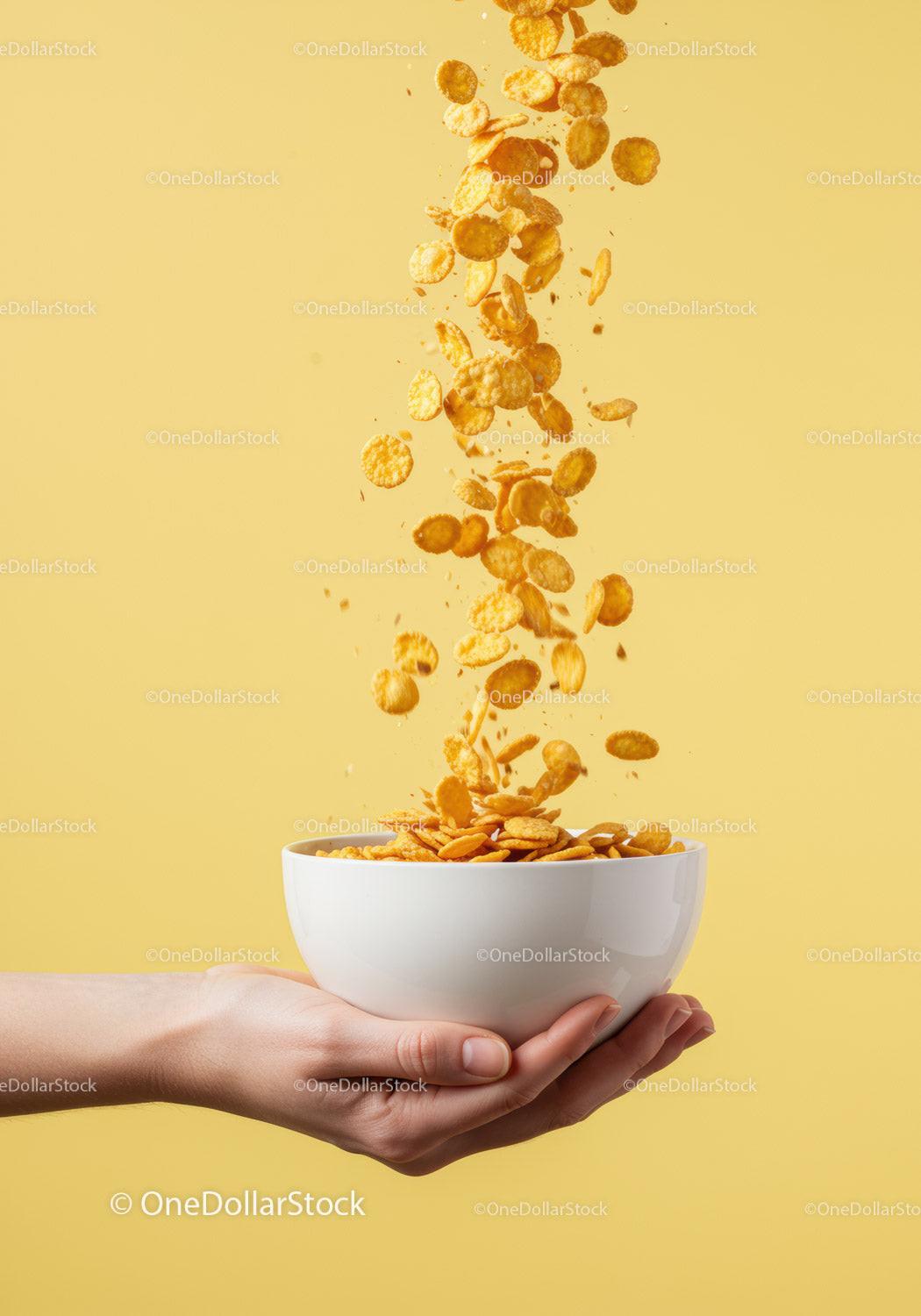 Hand Holding Bowl With Falling Cornflakes Cereal