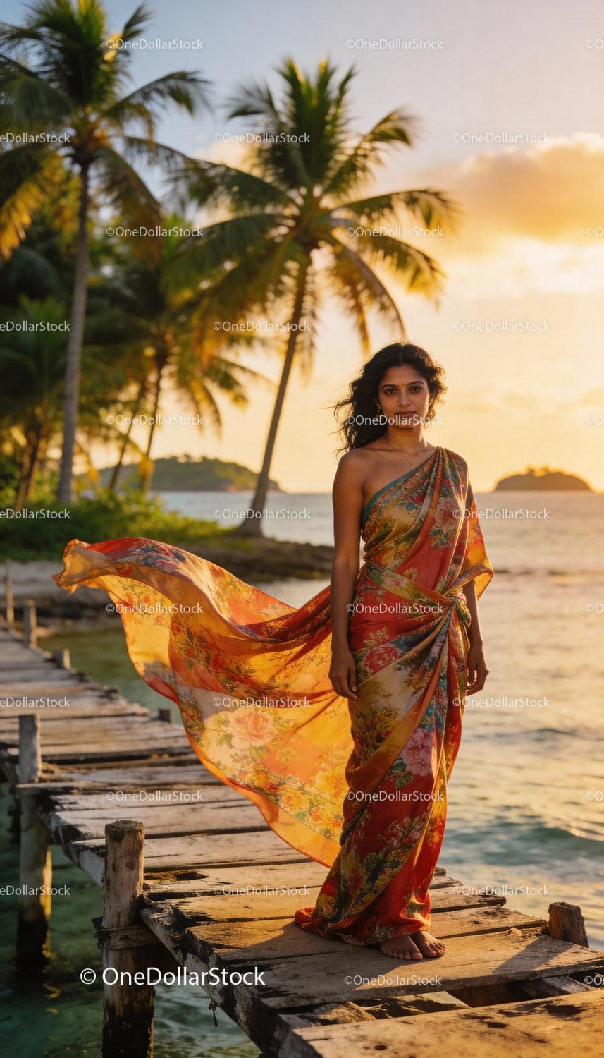 Elegant woman in flowing floral dress on tropical pier
