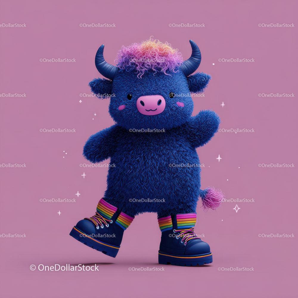 Fluffy blue bull character with curly pink hair and rainbow boots on purple background