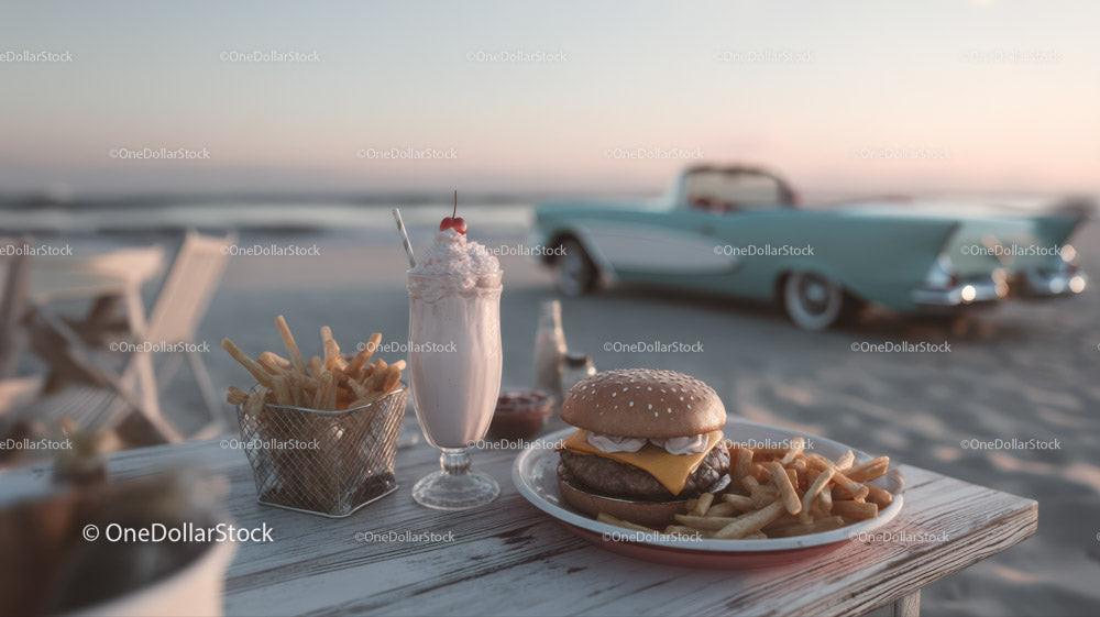 Beachside Cafe with Burger Fries Milkshake and Classic Car at Sunset