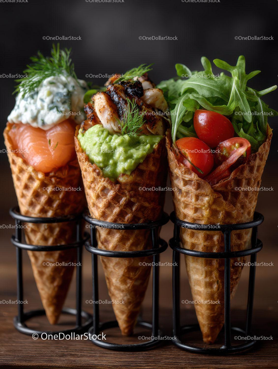 Gourmet Ice Cream Cones Filled with Fresh Vegetables and Avocado