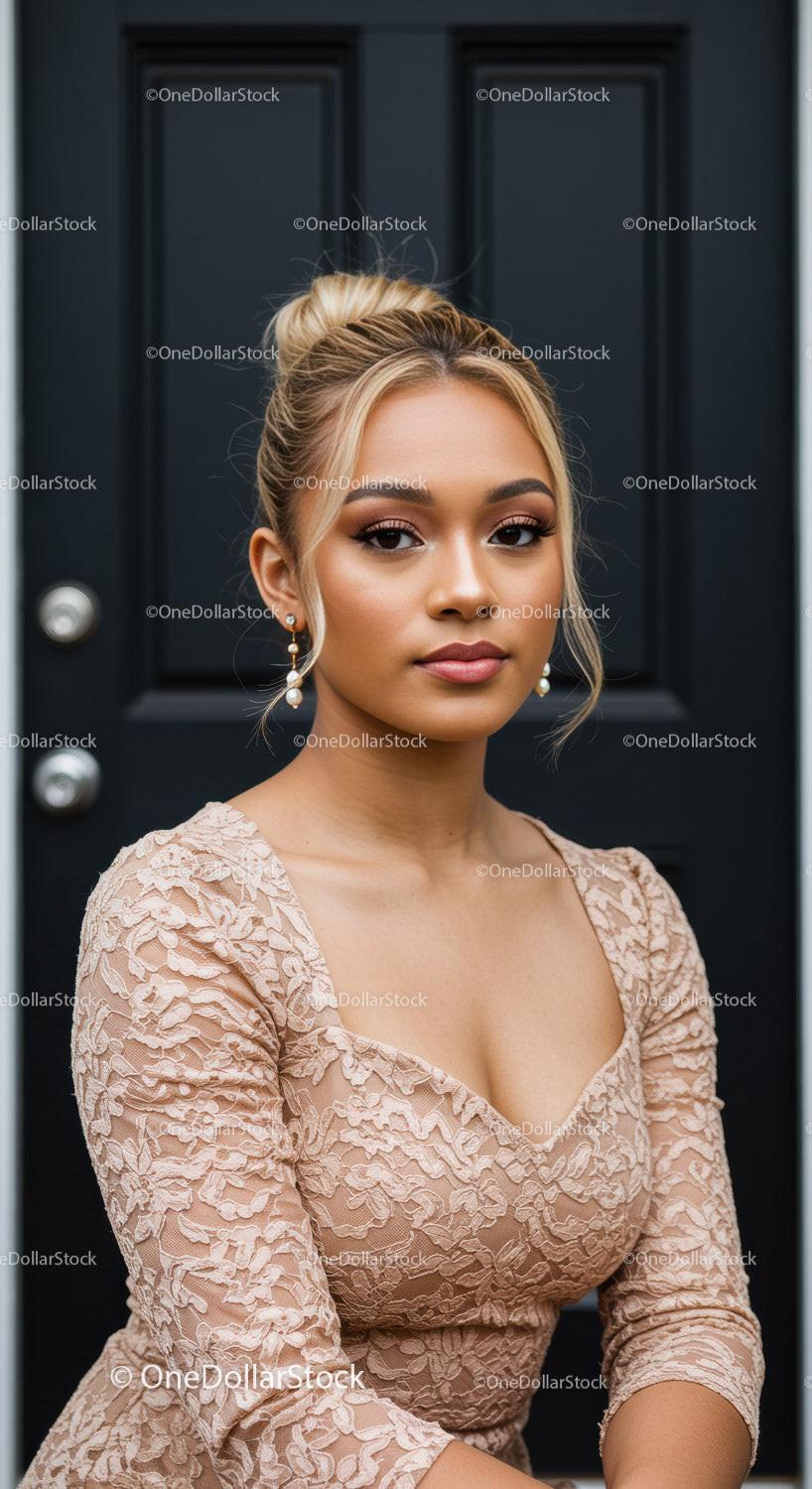 Young woman in lace dress sits by dark door