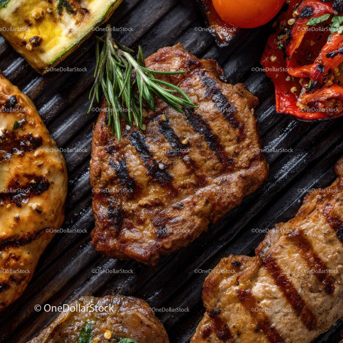 Juicy Grilled Meat with Fresh Herbs and Vegetables on Grill