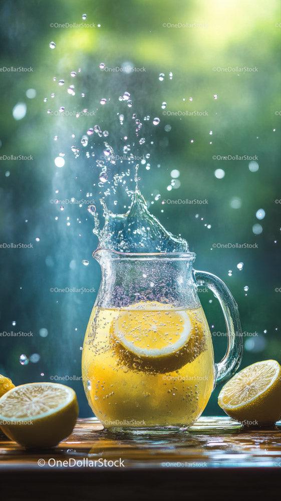 Fresh Lemonade with Sliced Lemons in a Glass Pitcher on Rustic Wooden Surface Stock Photo Bundle preview 8