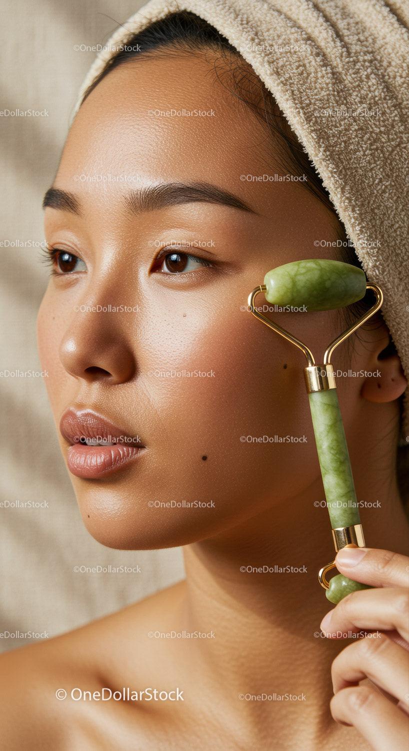 Young Woman Receiving Facial Massage with Jade Roller for Skin Rejuvenation