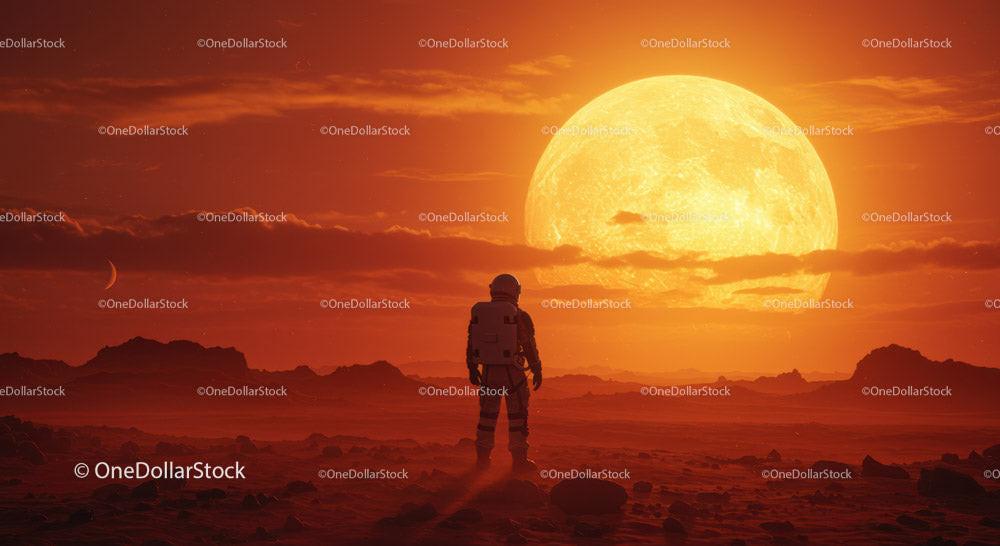 Astronaut Standing on Martian Surface with Giant Full Moon in Background