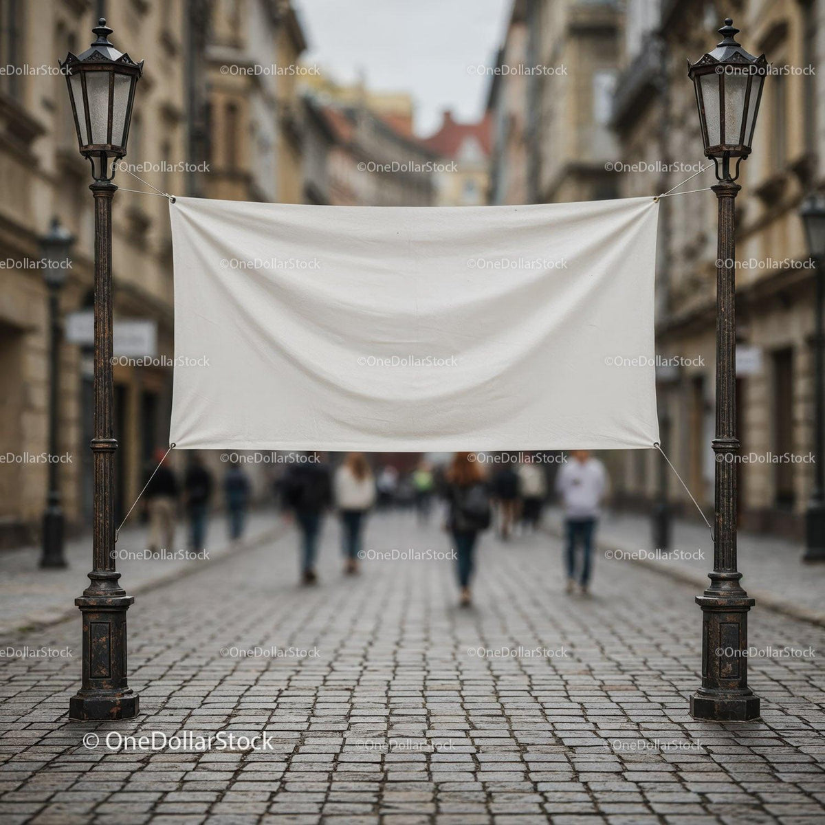 Blank Banner Hanging Between Vintage Street Lamps in Old Town JPG Mockup Image preview