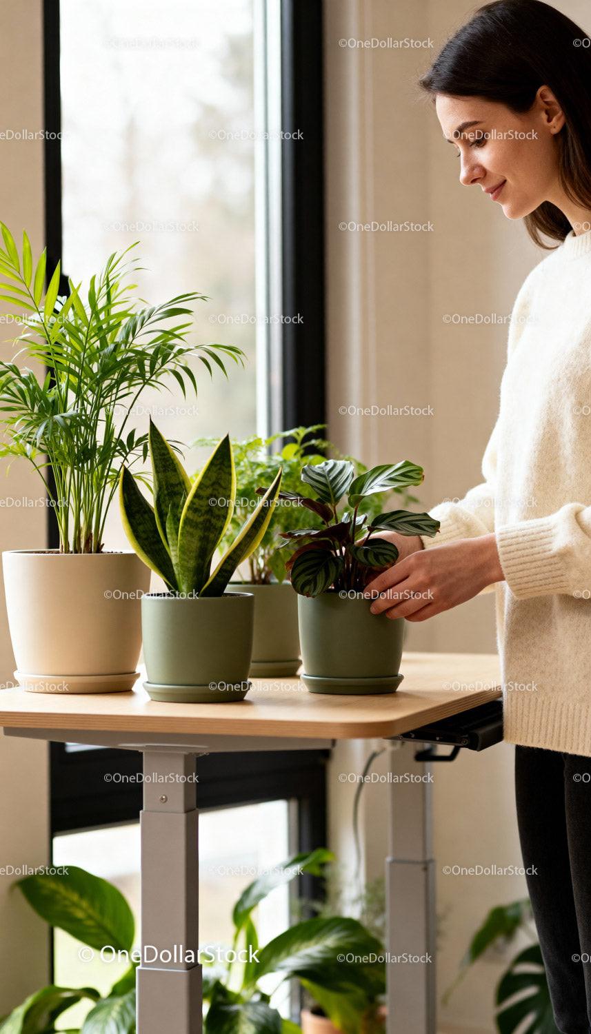 Young woman tending to green houseplants indoors