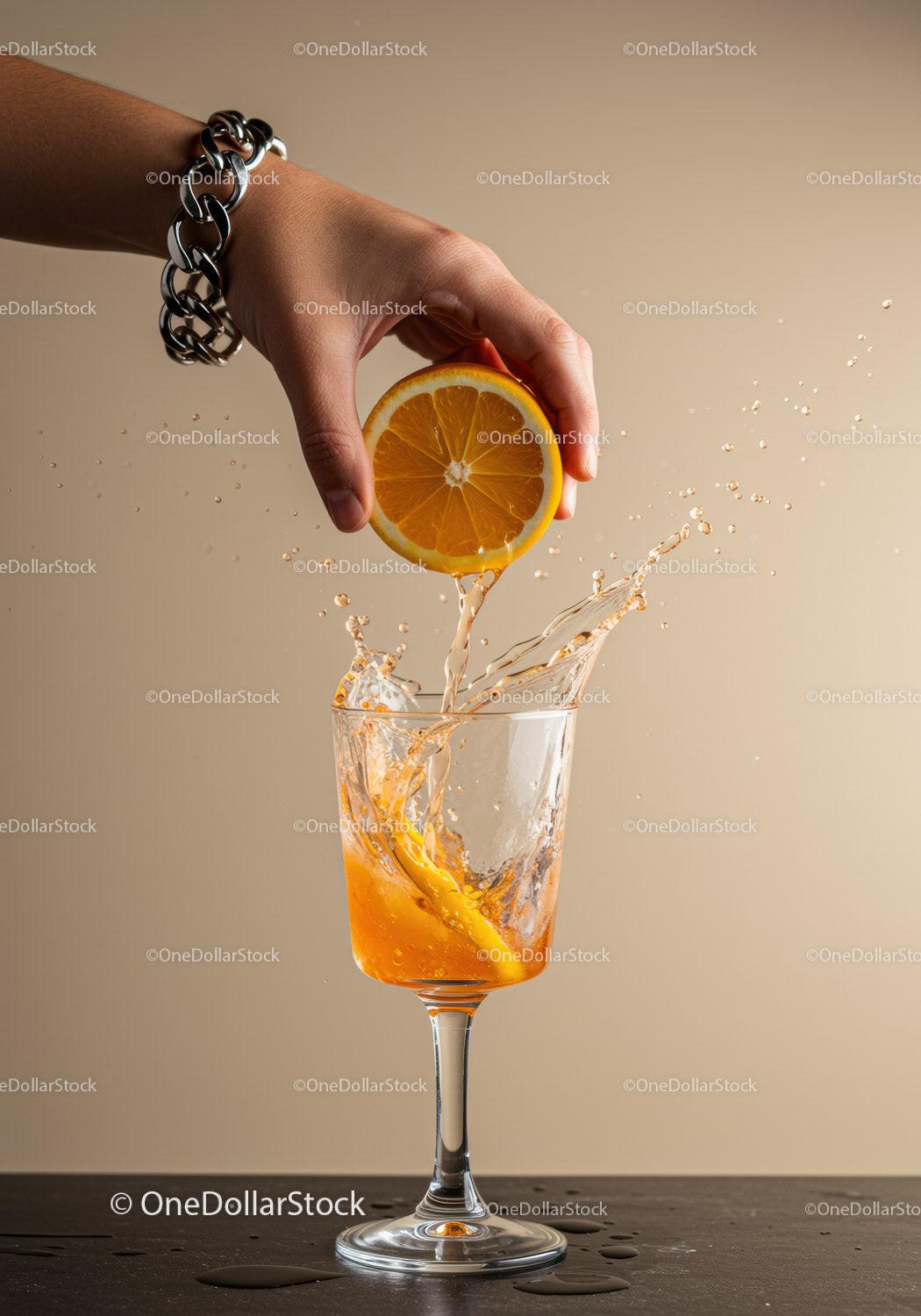 Hand Squeezing Fresh Orange Juice Into Glass