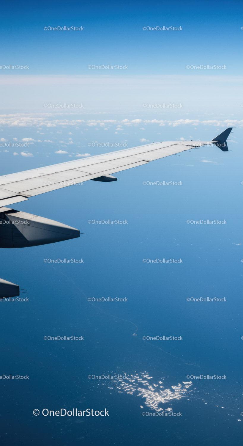 Aerial View of Airplane Wing Over Clouds in Clear Blue Sky