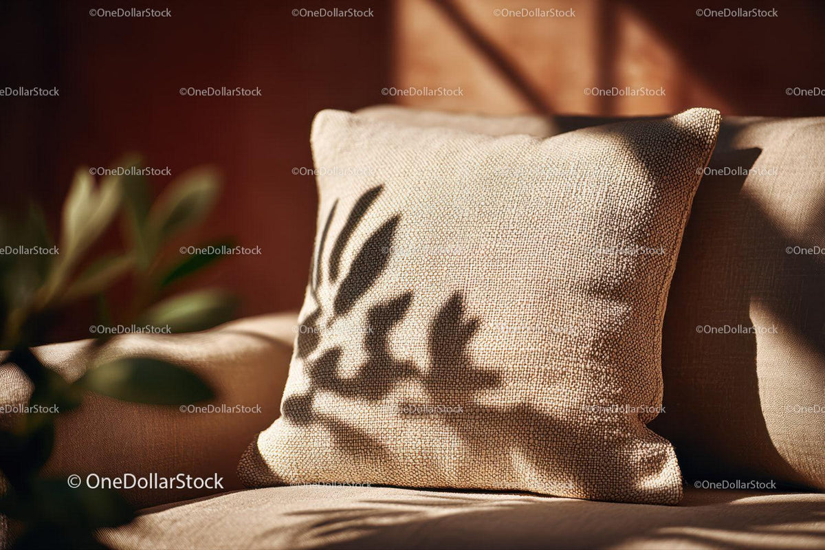 Decorative Beige Velvet Pillow with Leaf Shadow and Sunlight