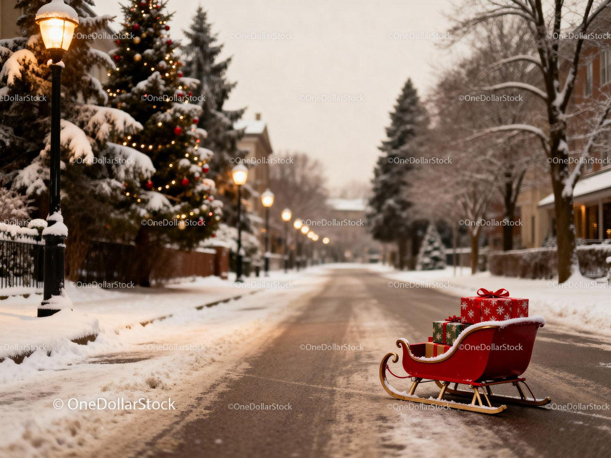 Red Christmas Sleigh with Gifts on Snowy Street