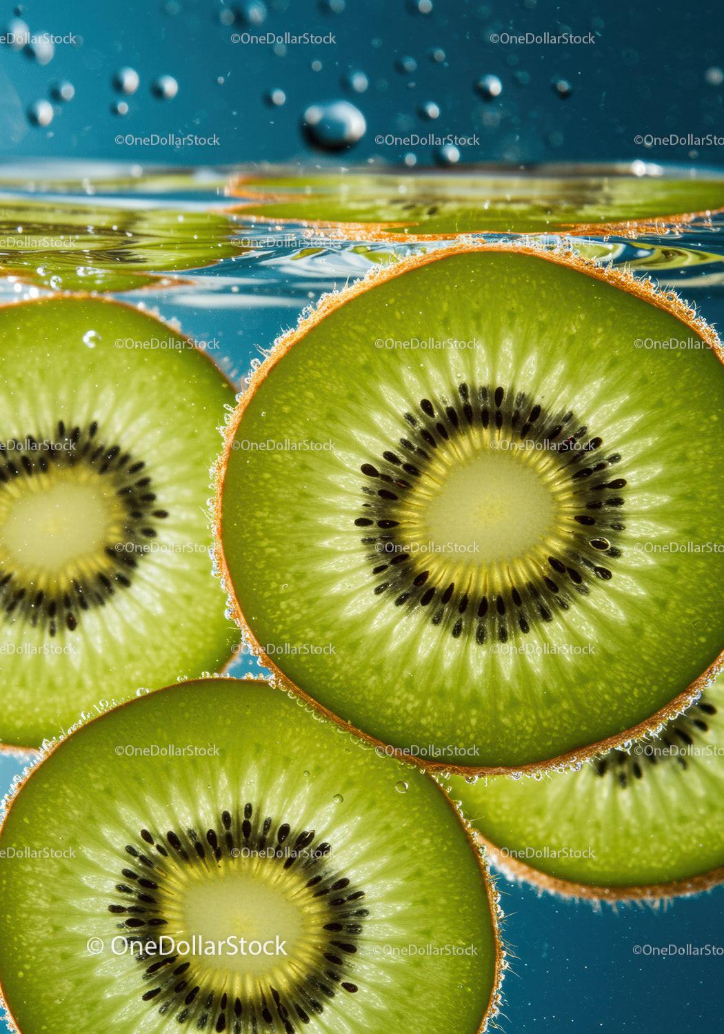 Fresh kiwi slices immersed in sparkling water bubbles