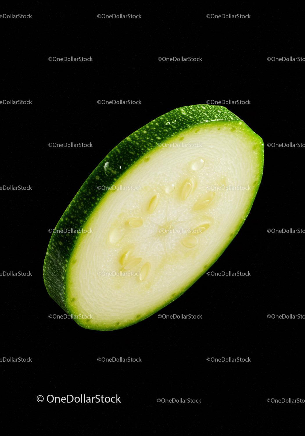 Fresh slice of zucchini with water droplets on black