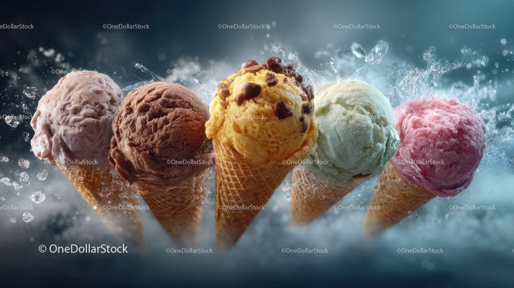 Colorful Ice Cream Scoops in Waffle Cones Splashing Water Stock Photo Bundle preview