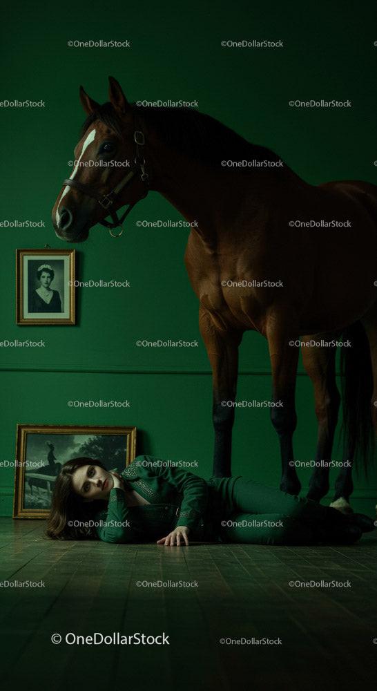 Woman Lying on Floor Beside a Horse in Dramatic Green Room Stock Photo Bundle preview 5