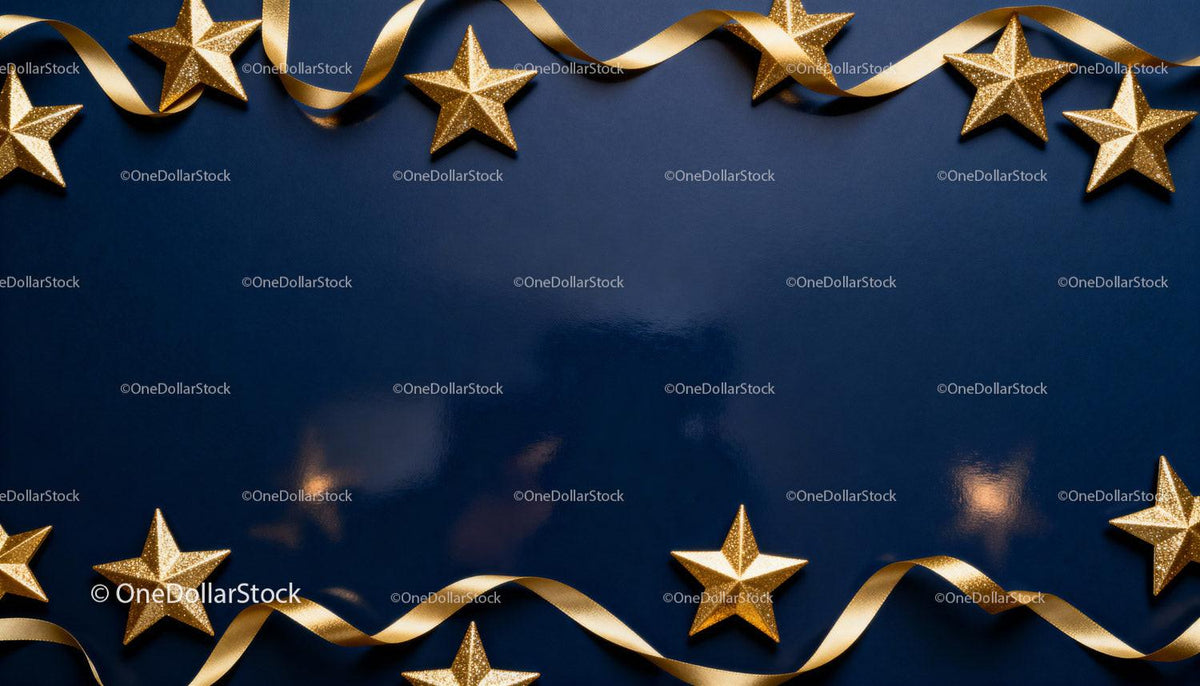 Golden Glitter Stars and Ribbon on Navy Blue Background