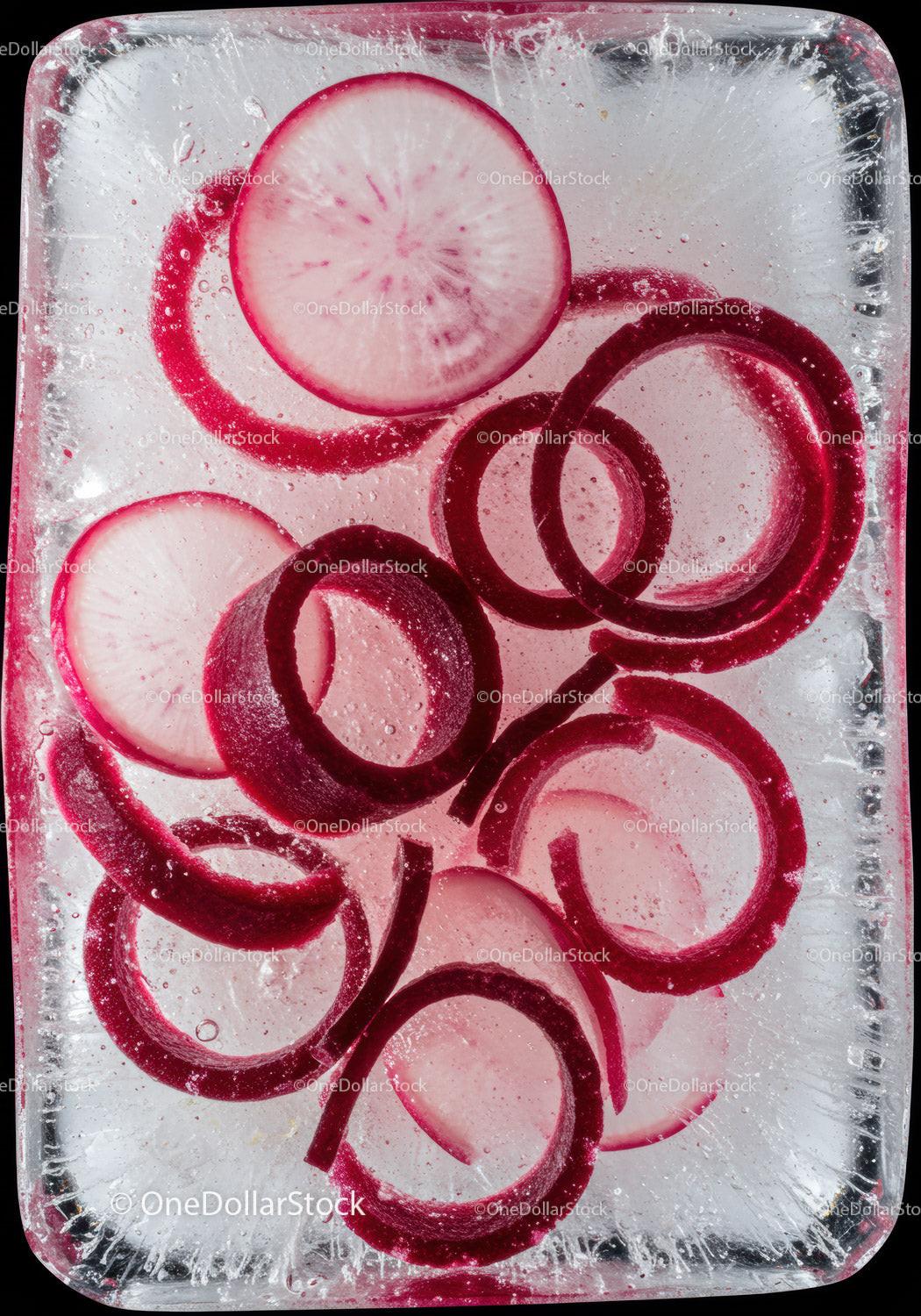 Frozen radish slices suspended in clear ice block
