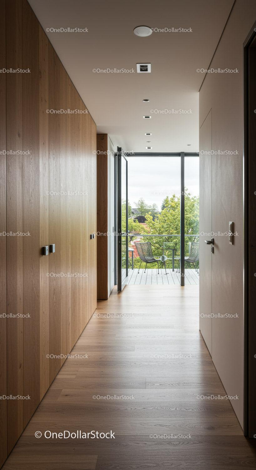 Modern hallway with wooden panels opening to balcony view