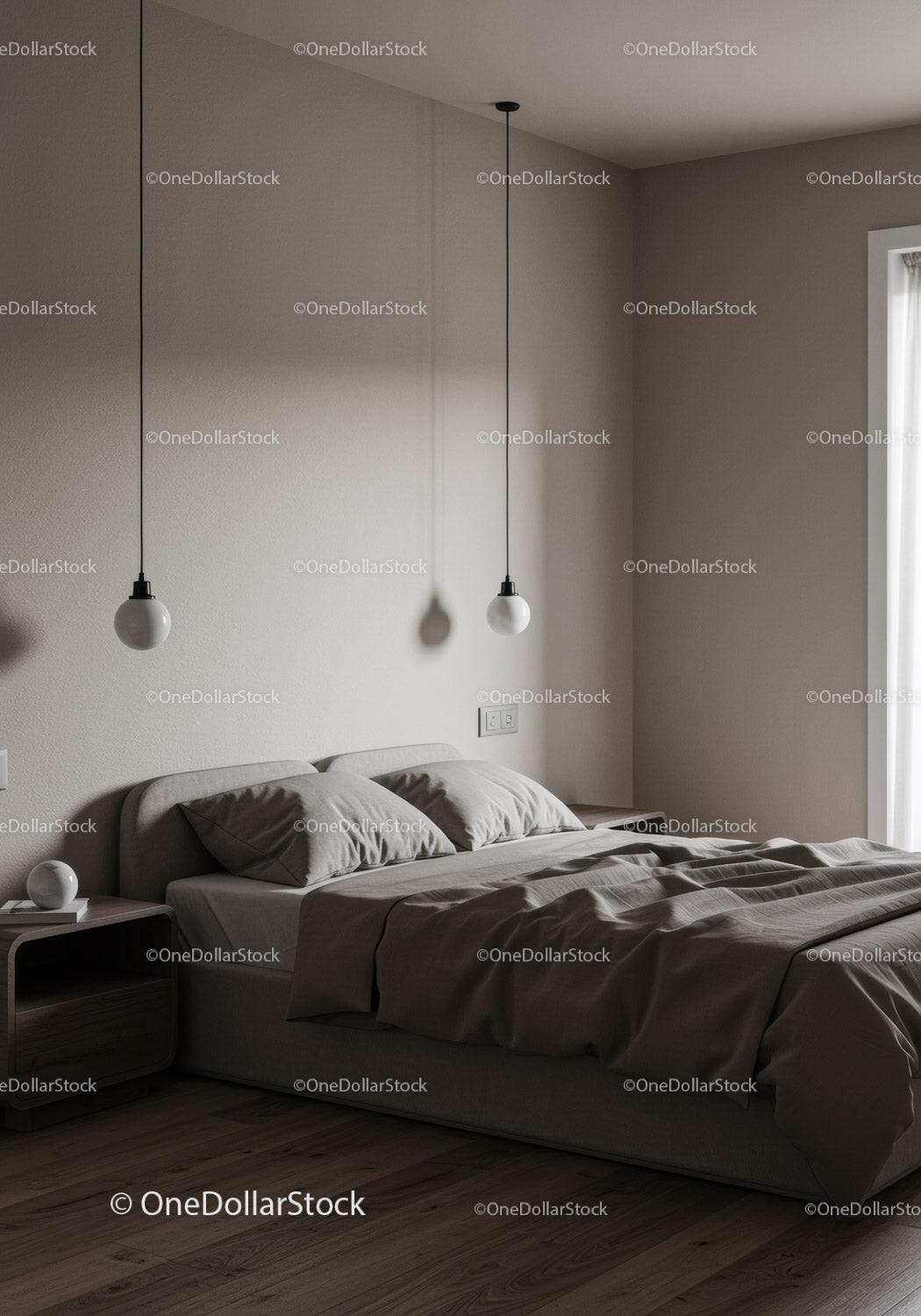 Minimalist Bedroom with Soft Bedding and Pendant Lights